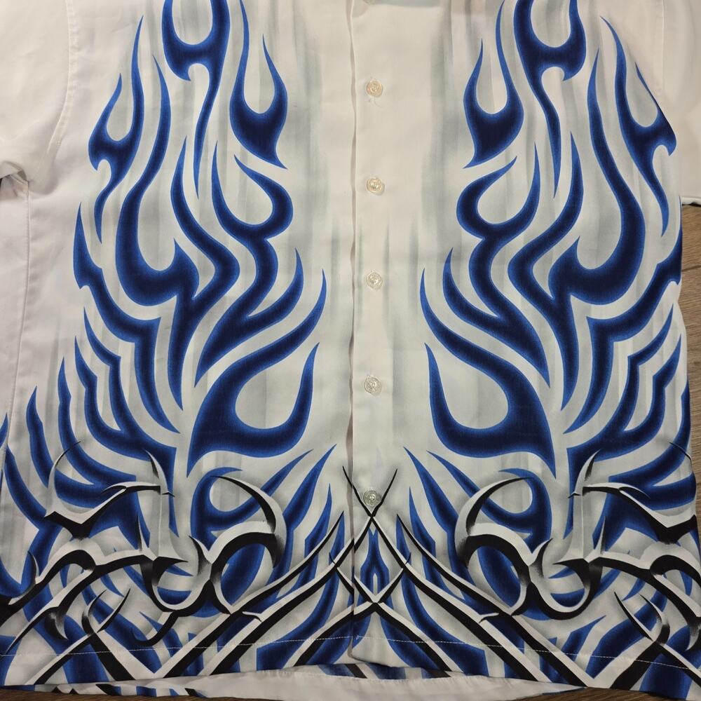 Authentic Shaolin Shirt Mens L White Blue Flame Button Up Short Sleeve Y2K Style - Picture 2 of 8